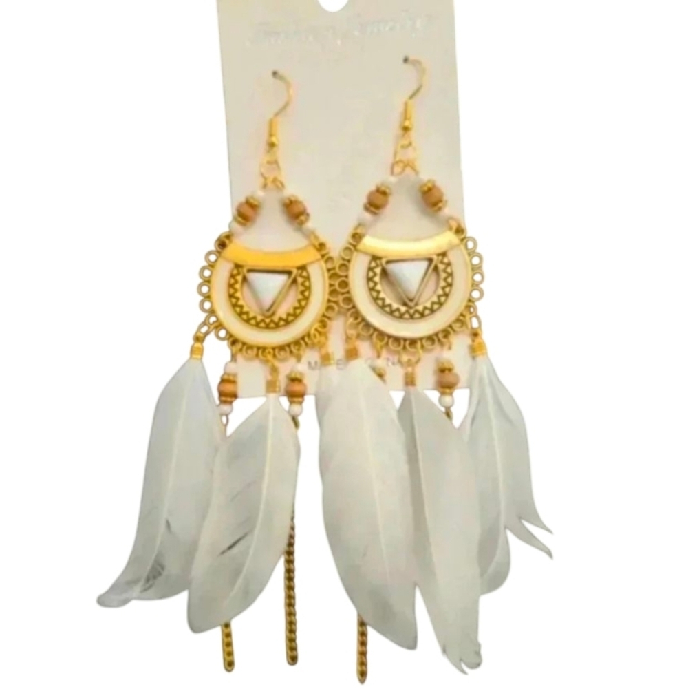 White Feather Fish Hook  Earrings with Chains NIP